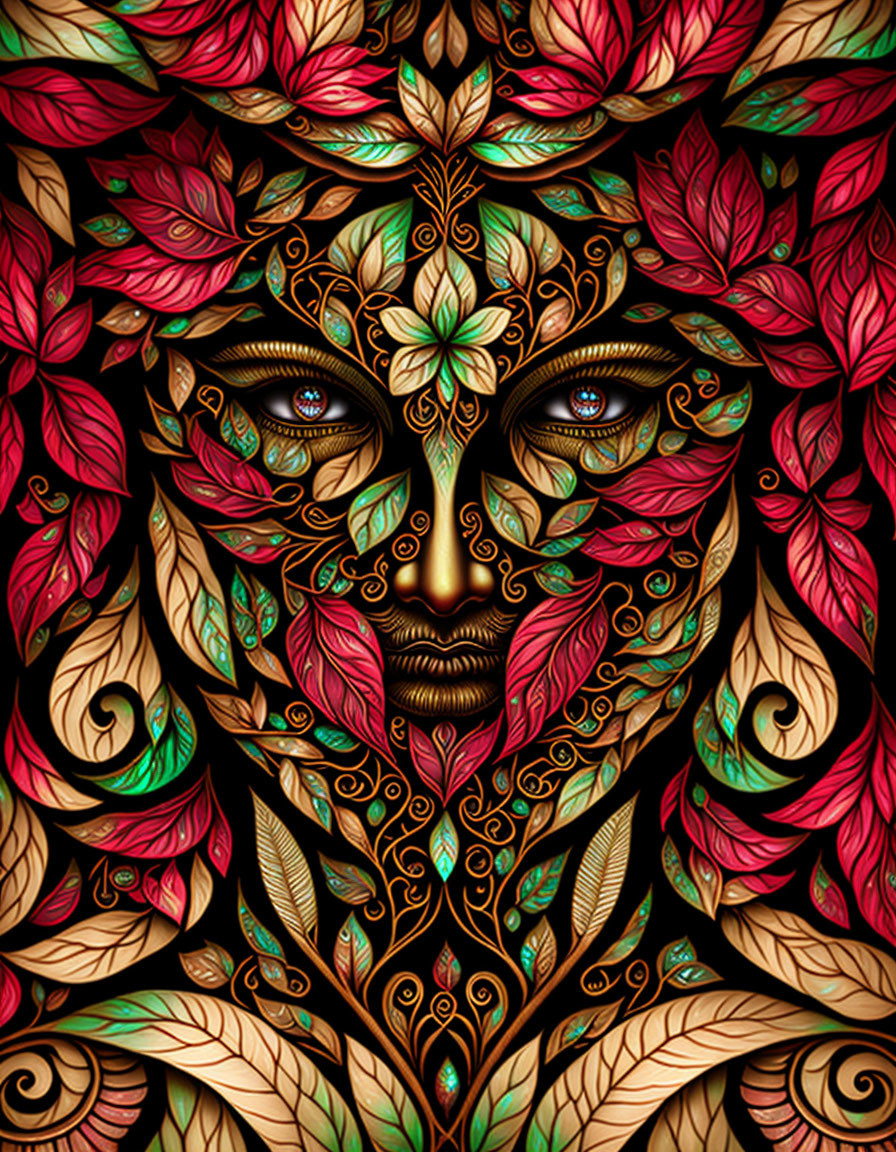 Symmetrical leafy face design with intricate autumnal patterns