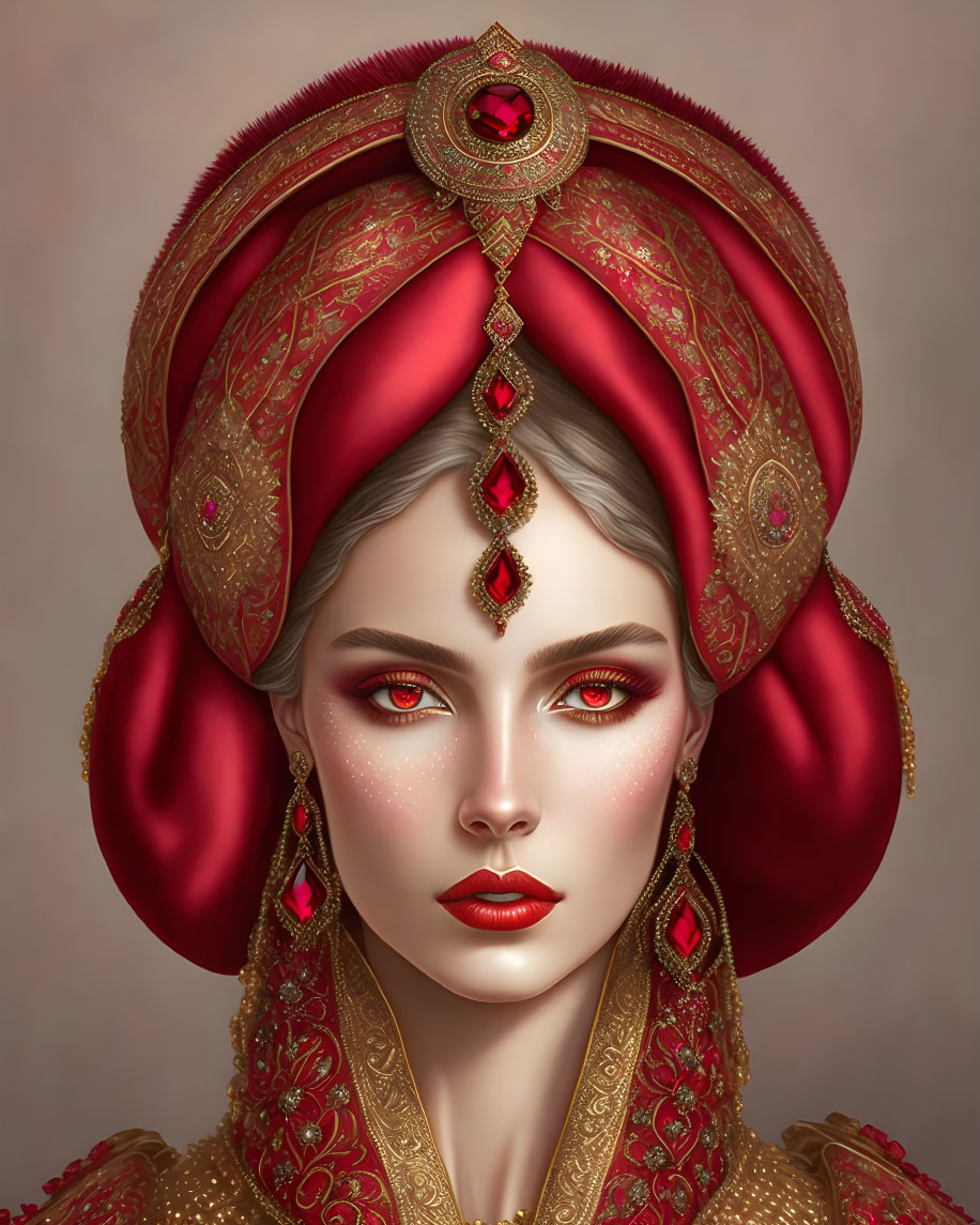 Regal woman in red and gold attire with ornate headdress