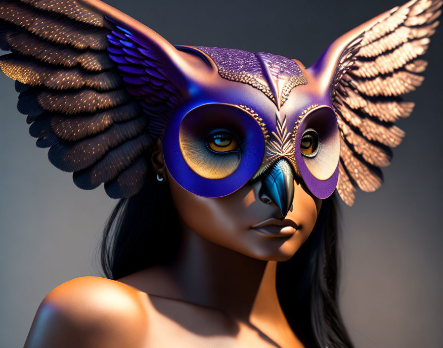 Digital art: Woman with owl mask, detailed feathers, purple & gold palette