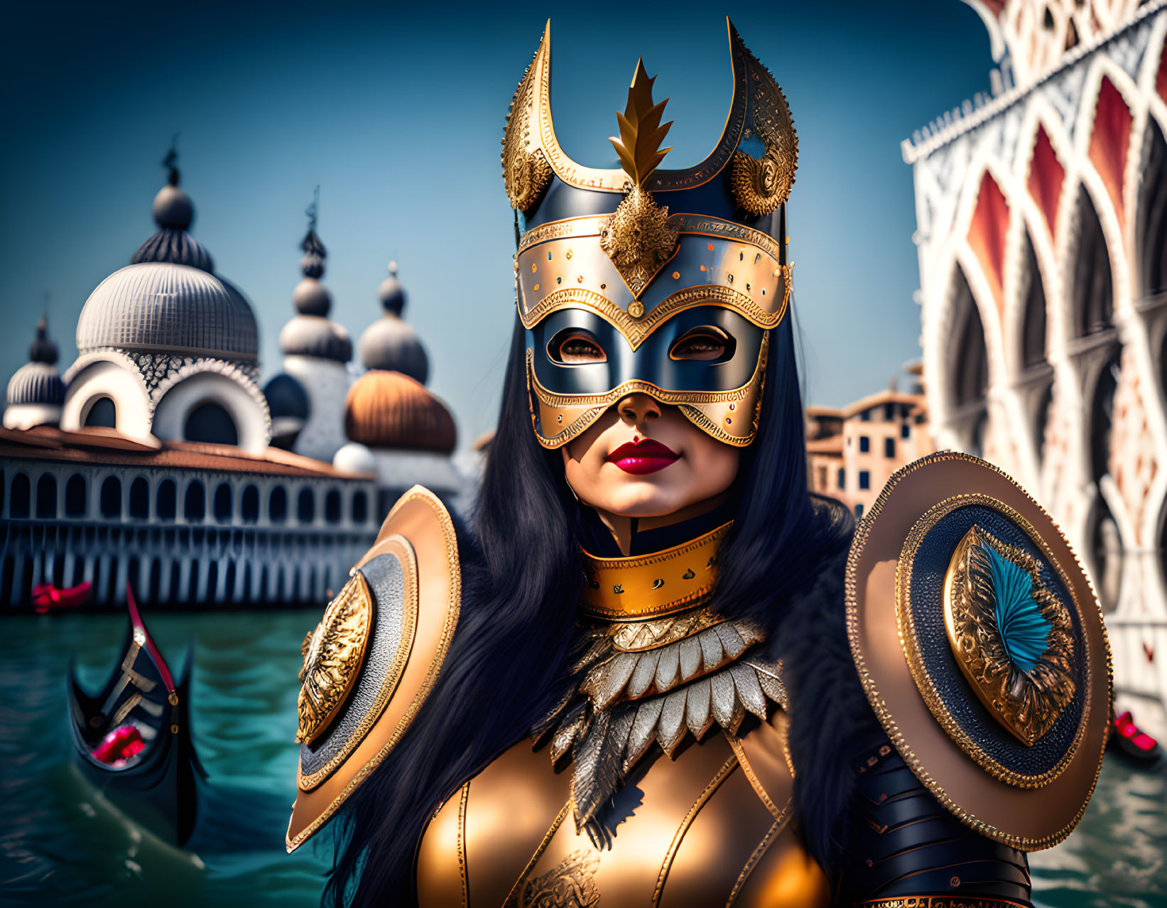 Woman in Golden Armor and Mask with Feather Motifs in Venetian Setting