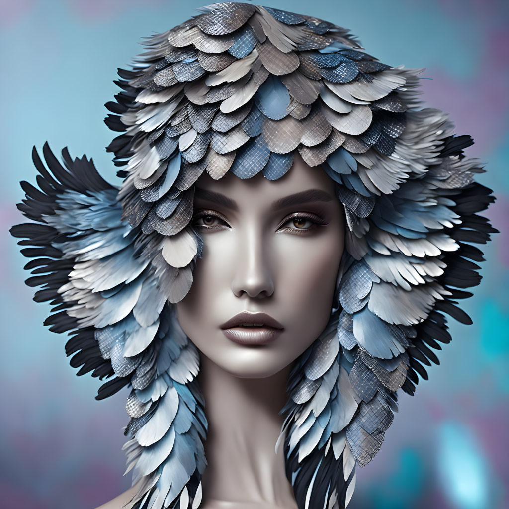 Woman with Blue and White Feathered Headdress Portrait