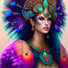 Woman in Peacock Feather Headdress with Turquoise and Gold Makeup