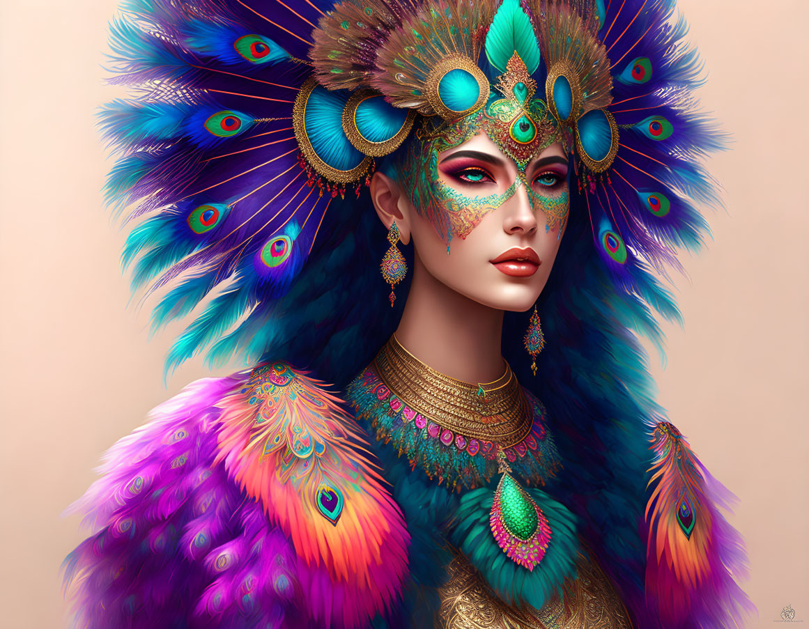 Woman in Peacock Feather Headdress with Turquoise and Gold Makeup