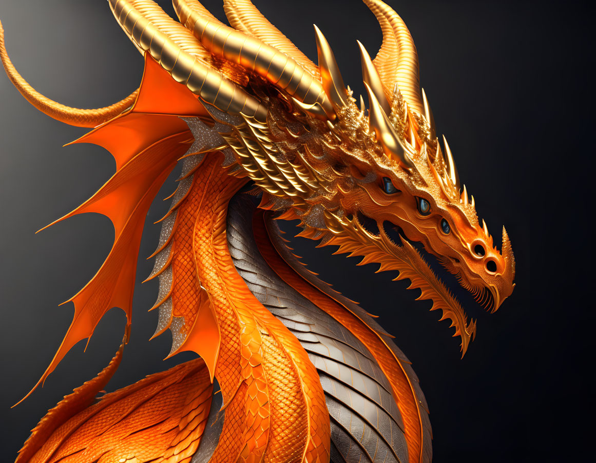 Golden dragon with orange wings and intricate scales in powerful pose