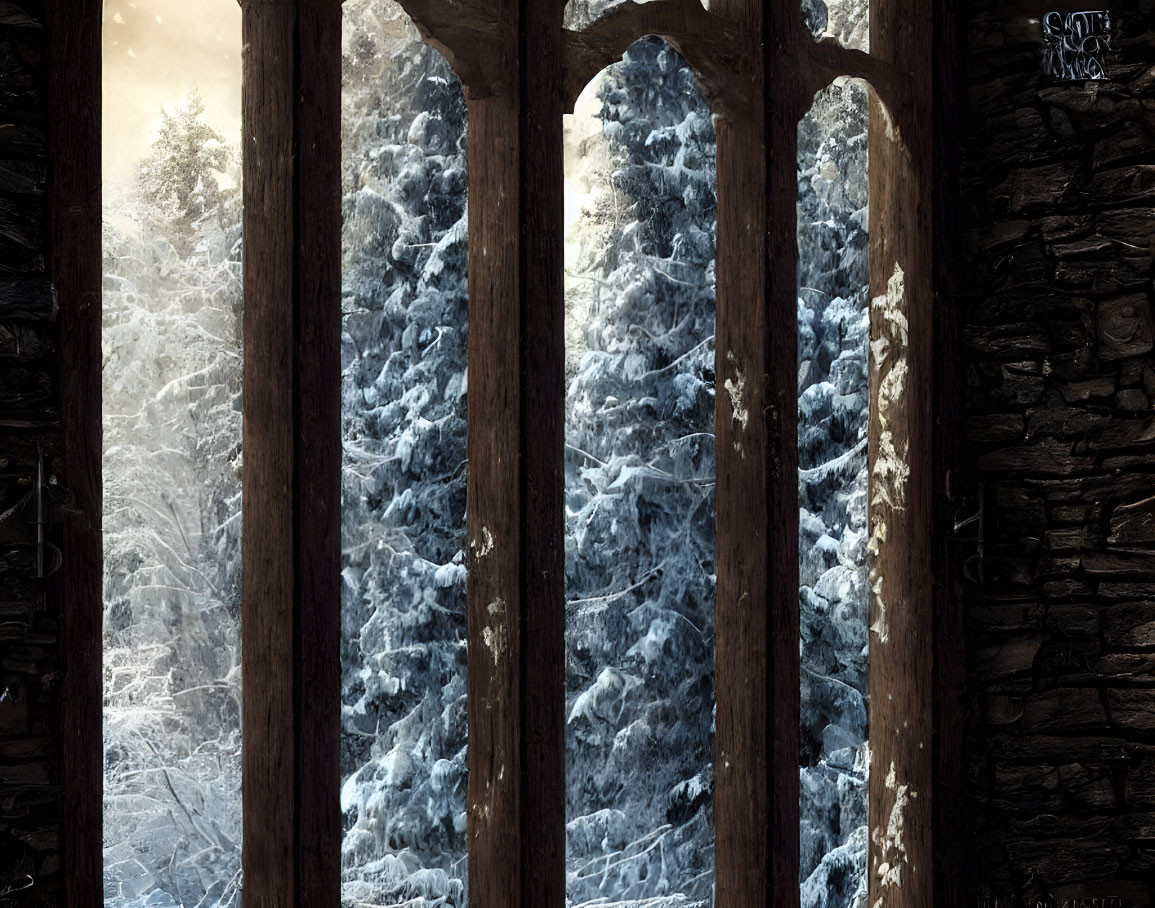 Stone-framed windows showcasing snowy forest with sunlight.