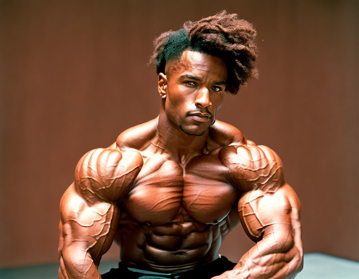 Muscular man with intense gaze and defined muscles against brown backdrop