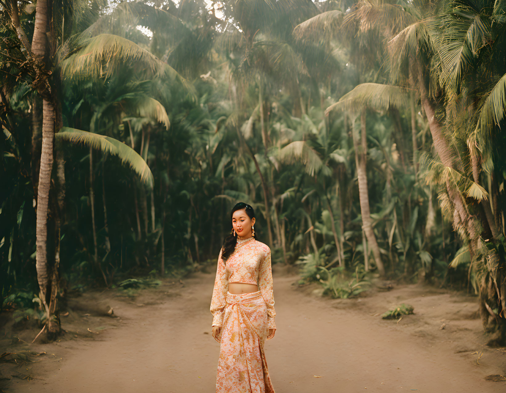 Traditional Attire Woman in Palm Grove Setting