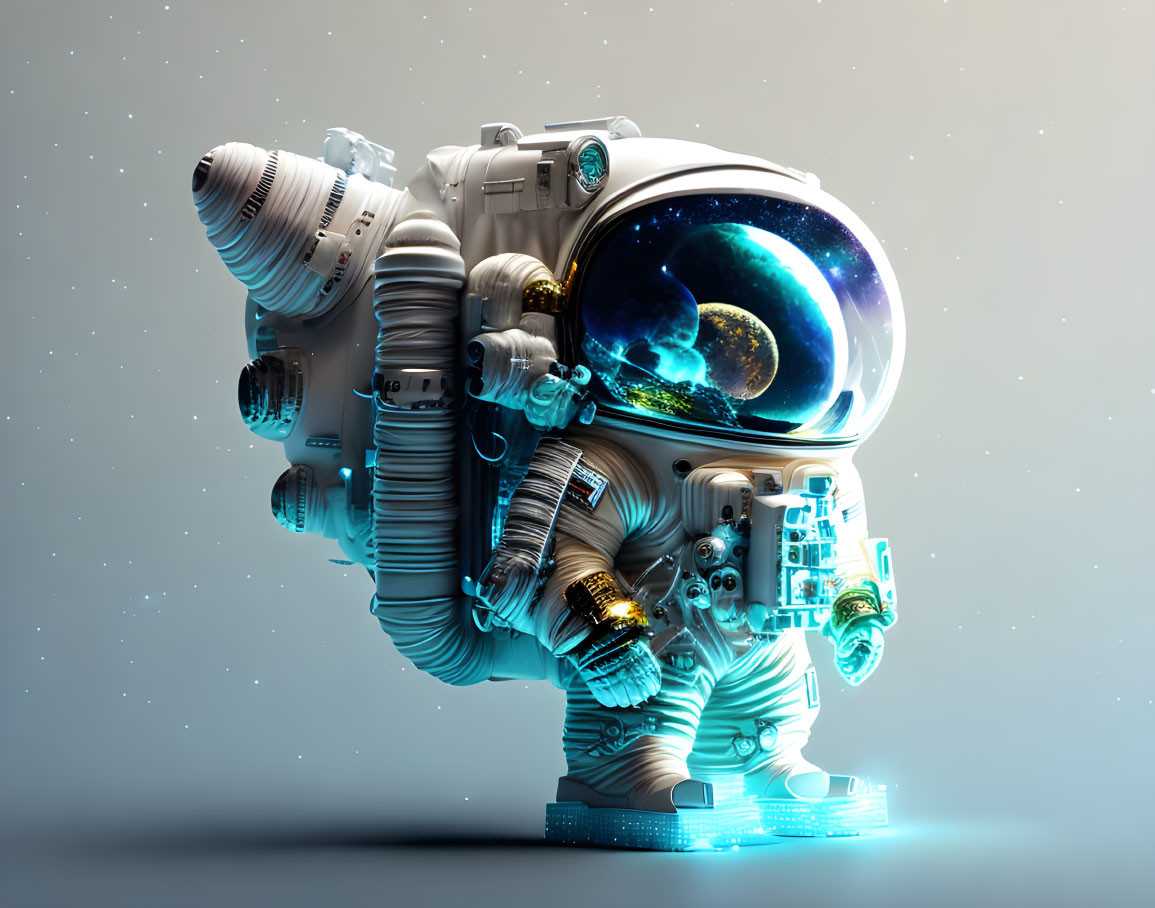 Detailed CG astronaut with reflective helmet visor in cosmic scene.