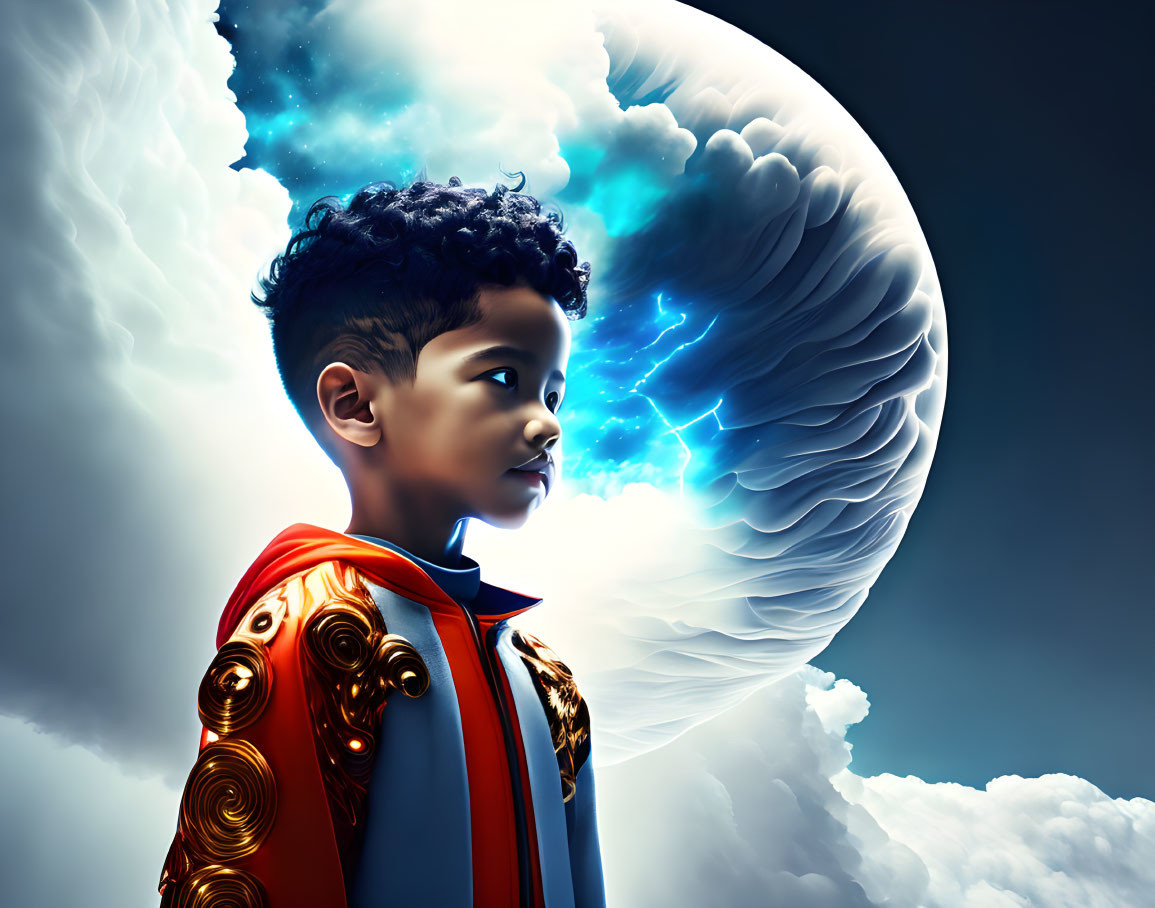 Young boy with stylized afro and surreal lightning wave in imaginative scene