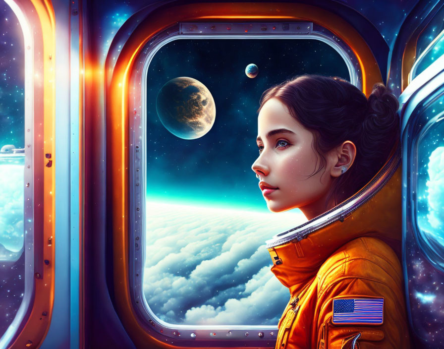 Woman in Orange Spacesuit Views Earth, Moon, and Stars from Spacecraft Window