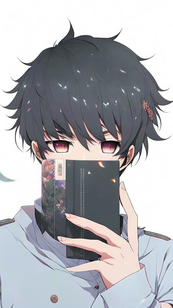 Dark-haired character with red eyes peeking over a book in a light shirt