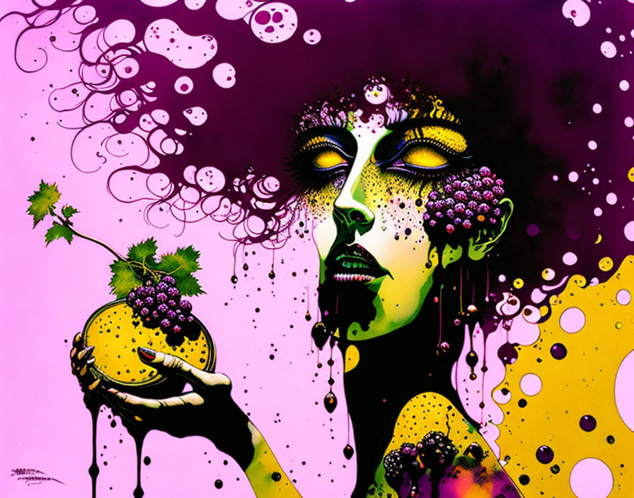 Colorful artwork of woman with grape-themed makeup and bubbles on purple backdrop holding fruit