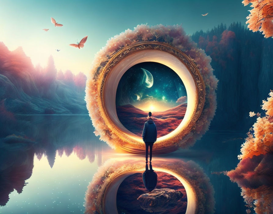 Surreal mirror portal reflecting cosmic landscape with crescent moon, forest, water, and twilight sky