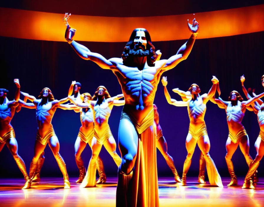 Elaborate costume central figure with dancers in blue on orange backdrop