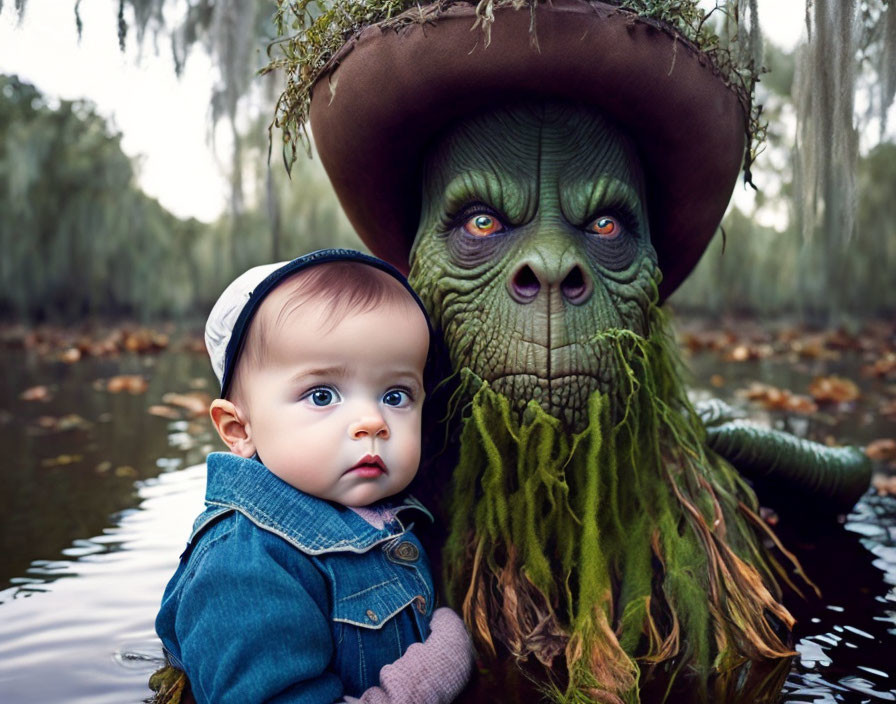 Baby in denim jacket and green creature in swampy hat pose in misty wetland.