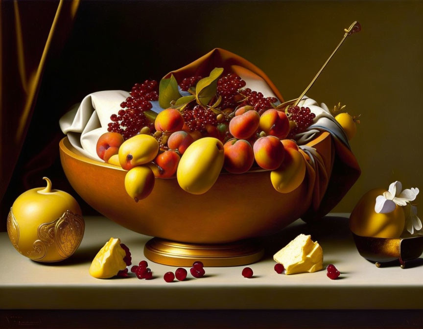 Classic Still Life Painting with Fruits, Drapery, Cheese, and Ornaments