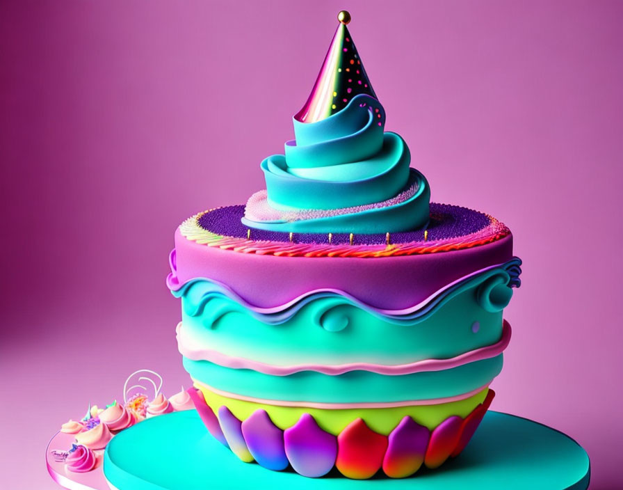 Colorful multi-layered cake with festive hat and decorative piping on pink background