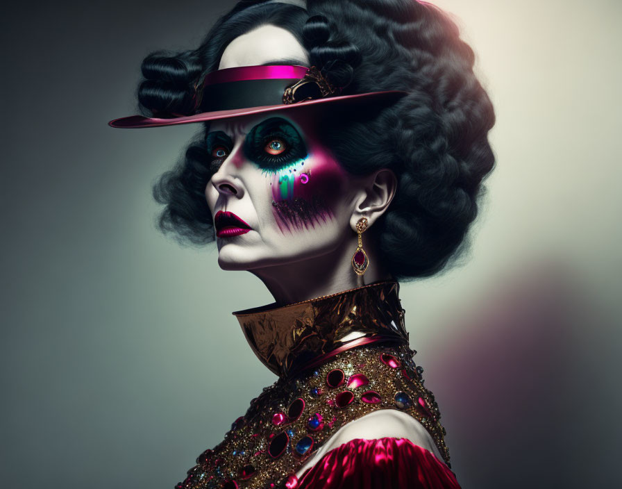 Woman in Dramatic Makeup and Metallic Outfit with Wide-Brimmed Hat