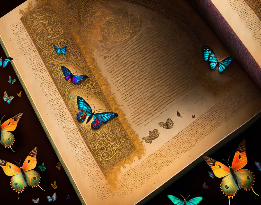 Colorful Butterflies Surround Ornate Open Book