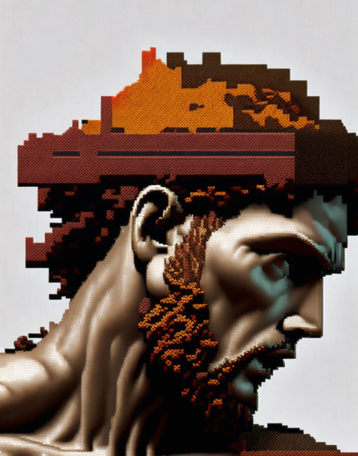 Digitalized pixelated classical sculpture on plain background