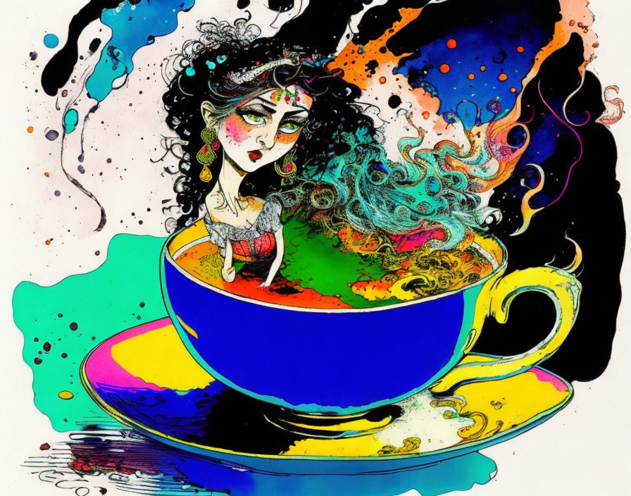 Colorful Woman Emerging from Teacup in Ink Splash Scene