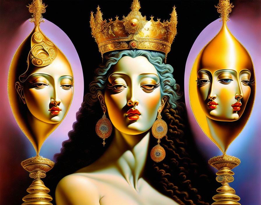 Surreal artwork: Woman's face with side profiles, golden headdresses