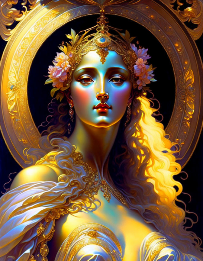 Golden-haired woman with ornate headdress on dark background with gold details