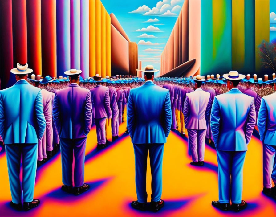 Colorful painting of men in blue suits and white hats by towering pillars under a blue sky