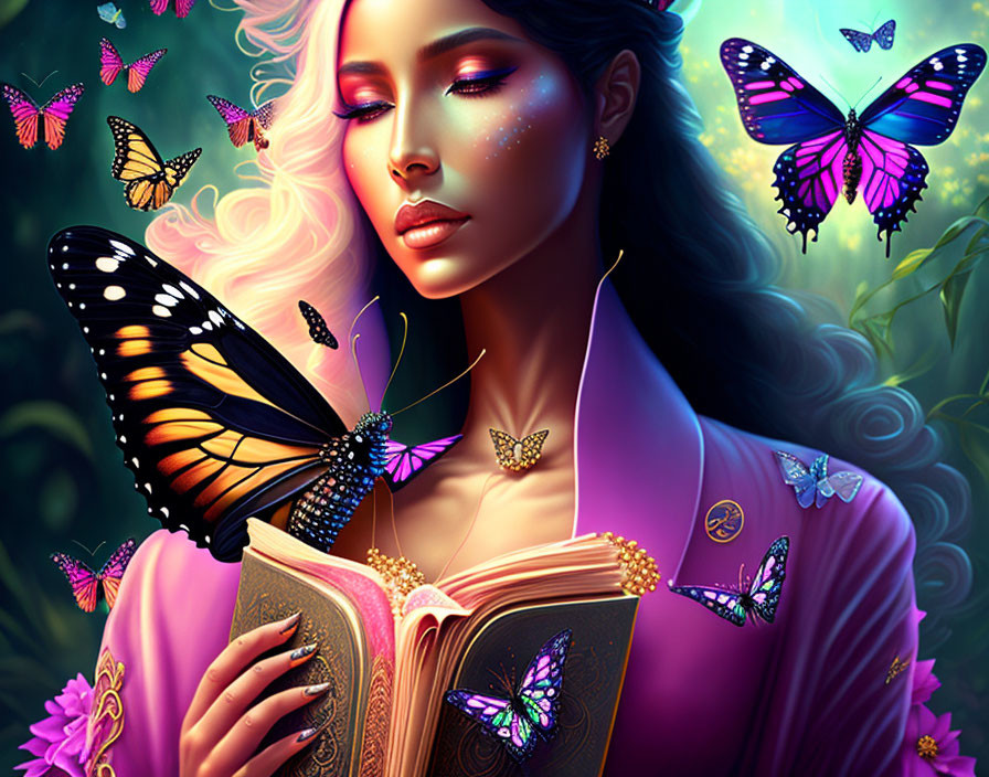 Colorful artwork: Woman surrounded by butterflies with open book