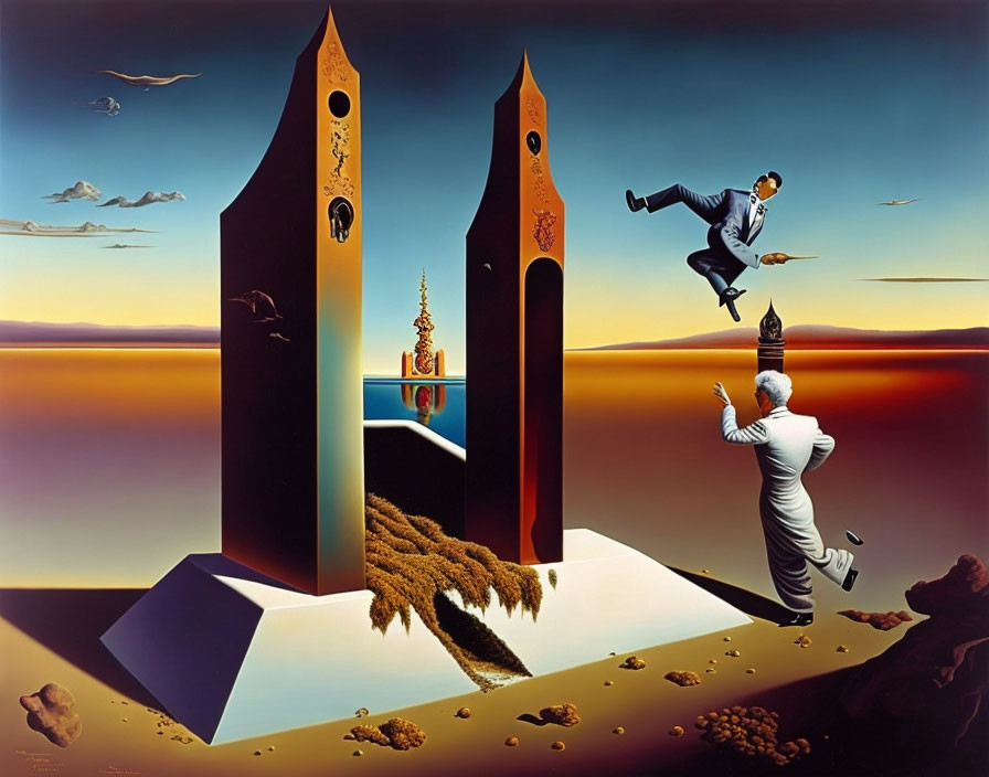 Surreal painting of man between towering monoliths and reflective surface