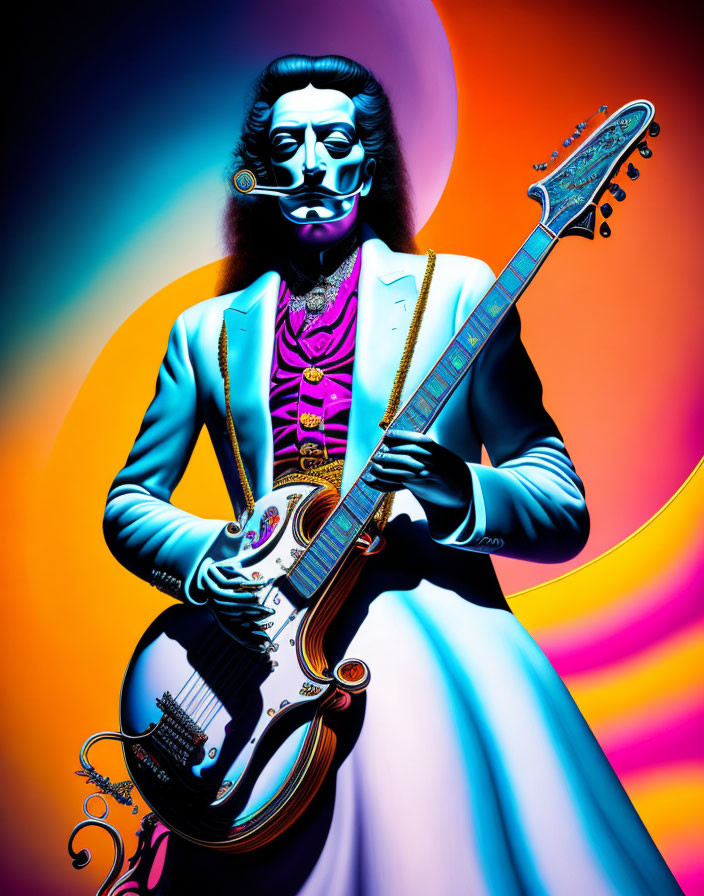 Colorful Skeleton Musician Playing Electric Guitar in Suit