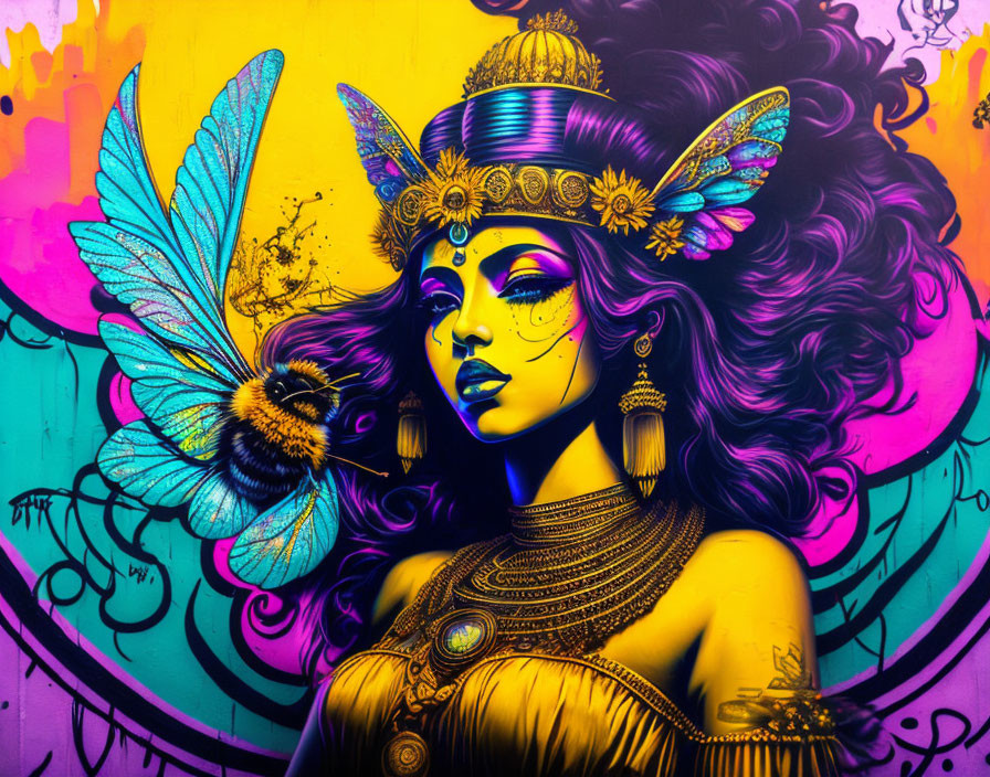 Vibrant street art: woman with headgear & butterfly in vivid colors