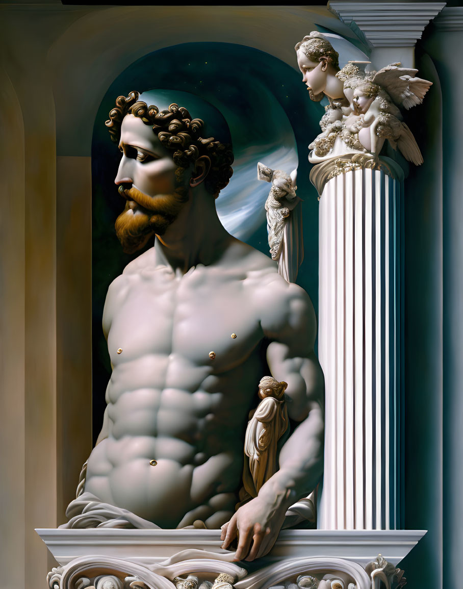 Hyperrealistic digital artwork: Muscular, bearded man styled as ancient statue with cherubs &