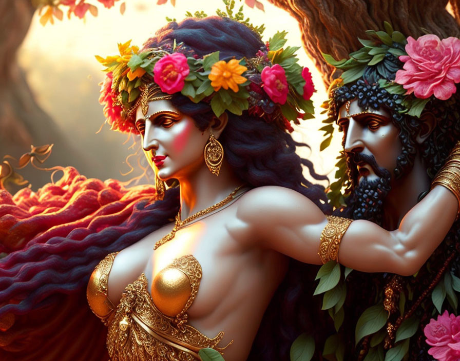 Stylized illustration of woman and man with floral crowns in mythical setting