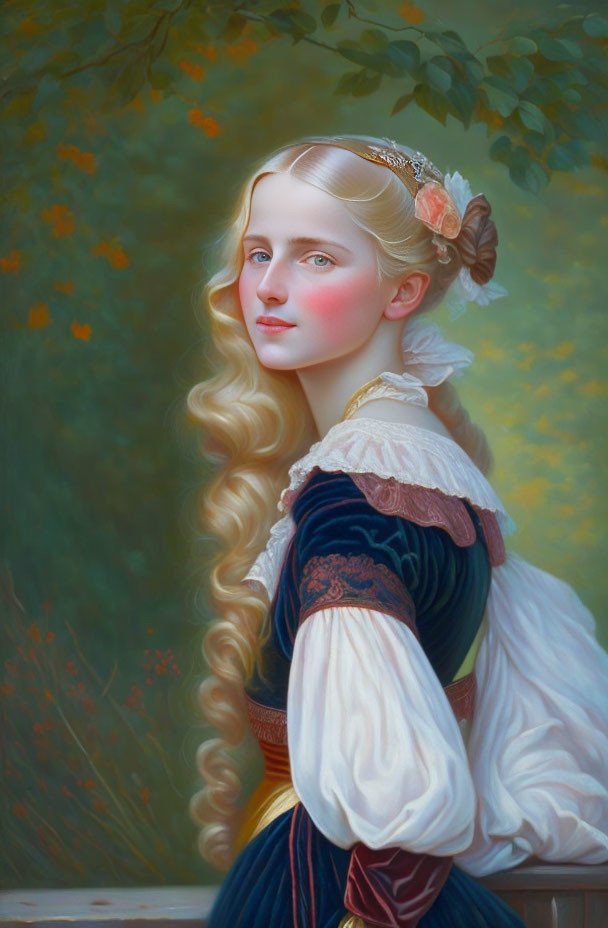 Blonde woman in traditional dress against greenery.