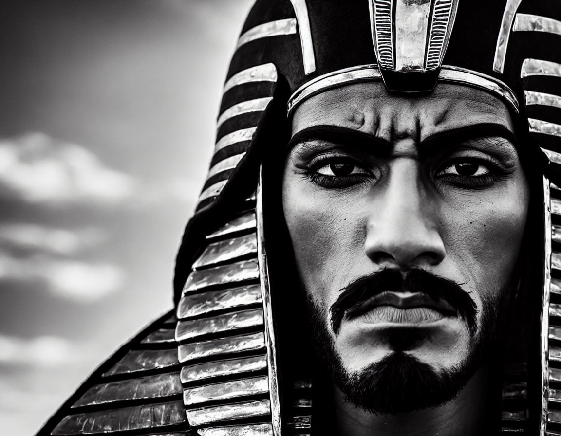 Monochrome portrait of person in Egyptian pharaoh attire