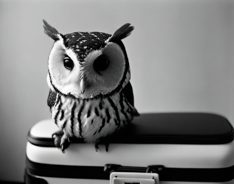 Whimsical owl figurine with large eyes and striped plumage on white container