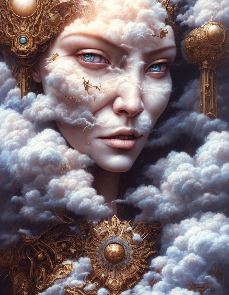 Surreal portrait of female figure with cloud skin and golden details