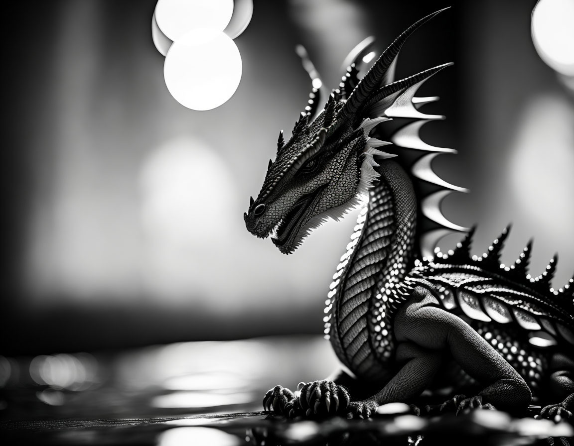 Detailed Dragon Figurine in Black and White with Bokeh Light Background