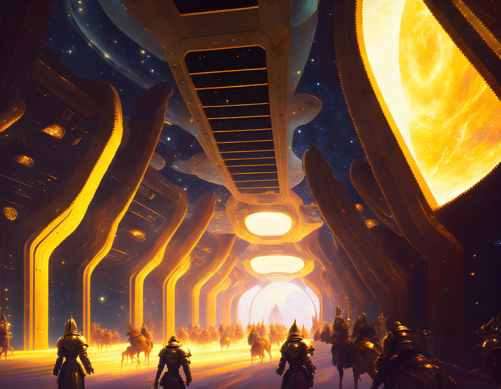 Futuristic space corridor with armored figures and luminous portal