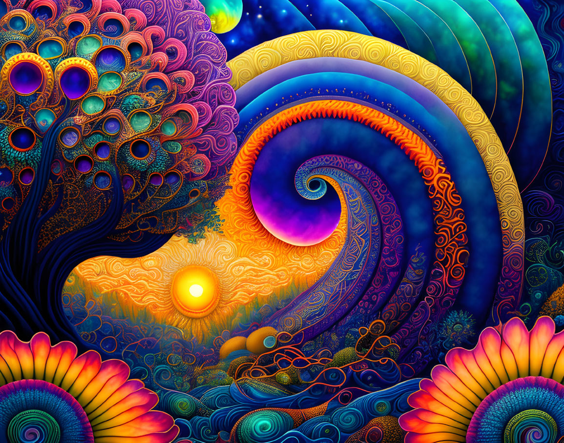 Colorful psychedelic artwork with swirling patterns, peacock feathers, and sun motifs