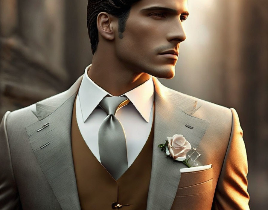 Stylish man in grey and brown suit with tie and rose boutonniere gazes to