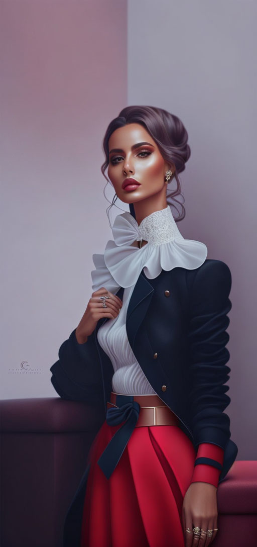 Stylized digital artwork of elegant woman in white blouse and red pants