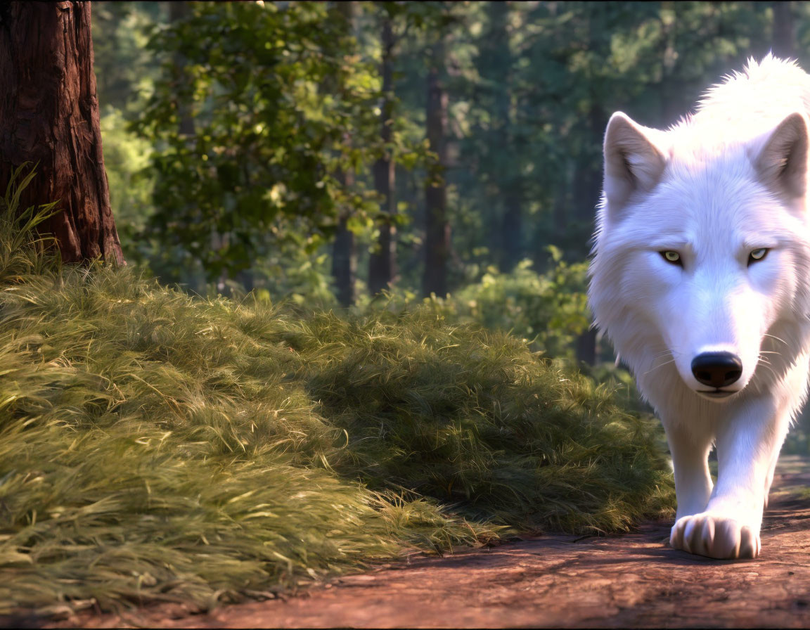 Majestic white wolf in sunlit forest with focused gaze