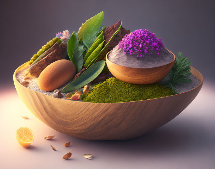 Wooden bowl with leaves, herbs, nuts, citrus, and powders on soft-lit background