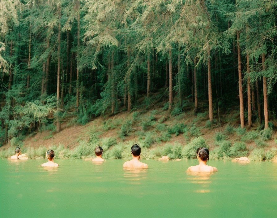 Four individuals in water, immersed up to shoulders, gazing at pine forest.