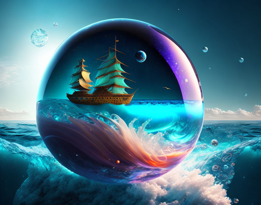 Digital artwork: Ship sailing in transparent sphere with space and ocean environments.