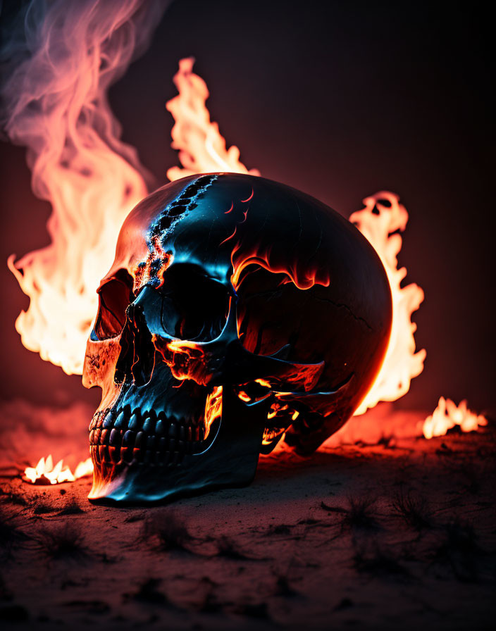 Skull glowing in blue and orange hues amid flames and smoke