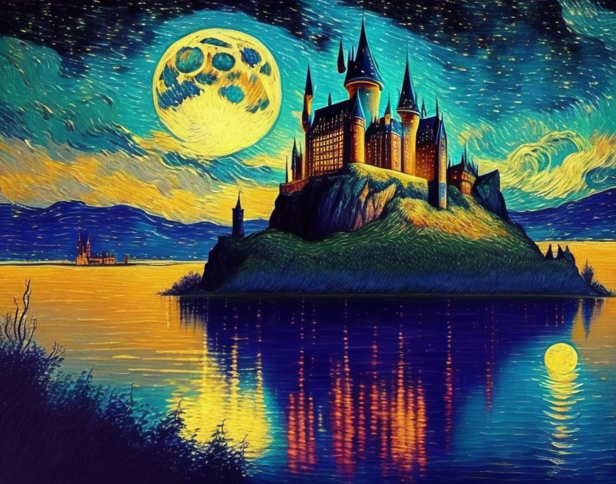 Castle on Island at Night with Large Moon in Van Gogh-Inspired Style