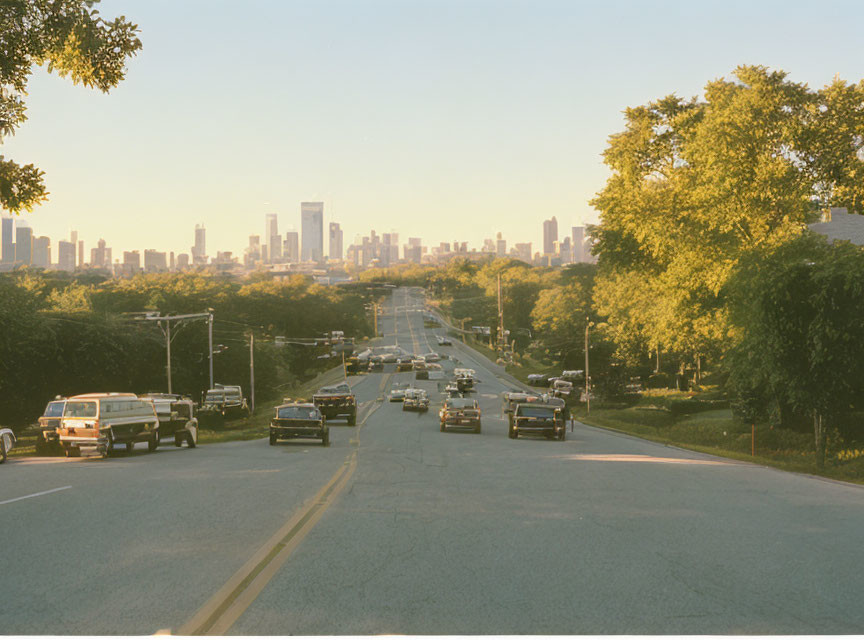 City skyline with tree-lined street and vehicles in warm sunlight